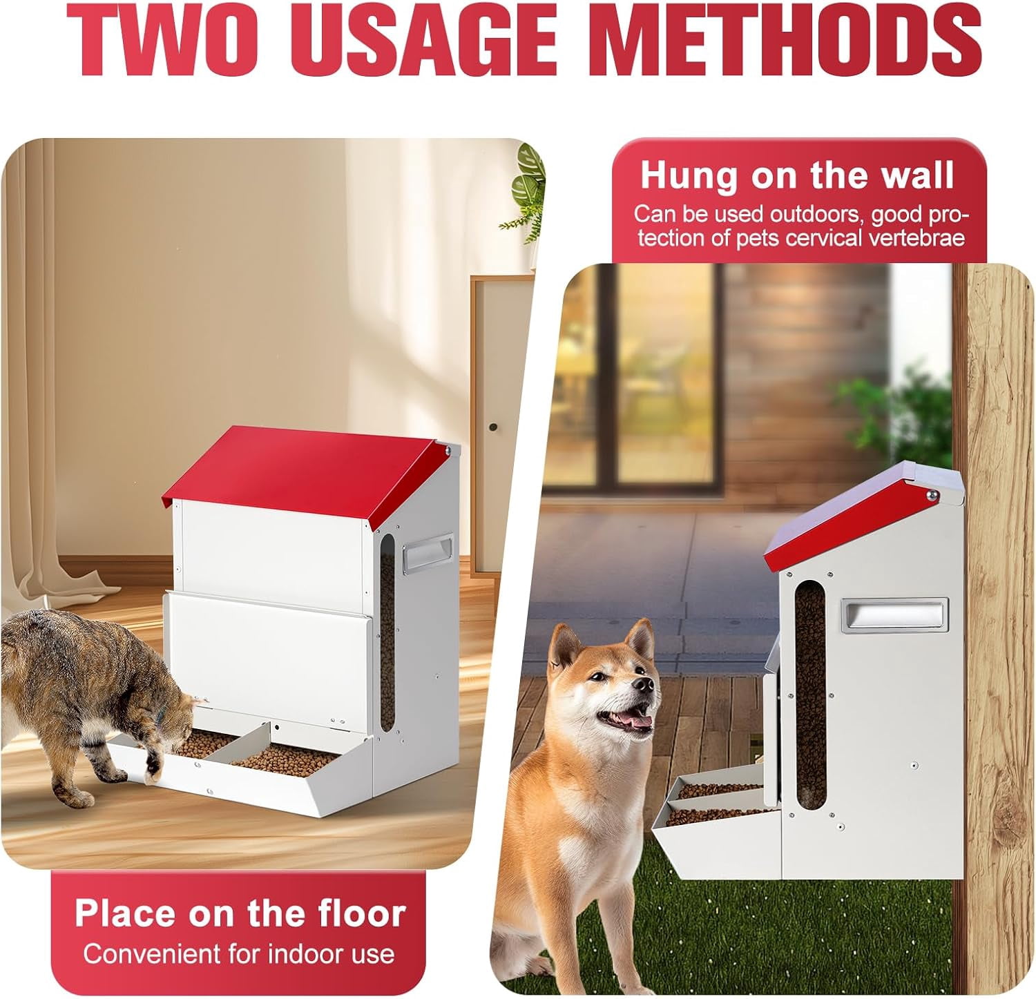 Automatic Cat Feeder 2 Cats,50cups/12L Automatic Pet Feeders Large Capacity Outdoor Galvanized Steel Multiple Cats Feeder Gravity Dog Dry Food Dispenser with Lid