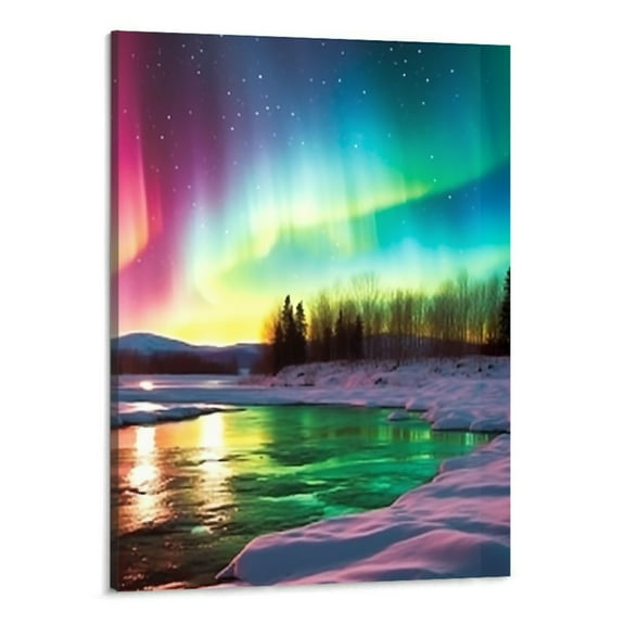 Shiartex  Sunrise Northern Lights Canvas Wall Art, Snow Mountain Woods Aurora Scenery Poster Frame, Modern Home Art Stretched and Framed Ready to Hang, 16x20 Inch