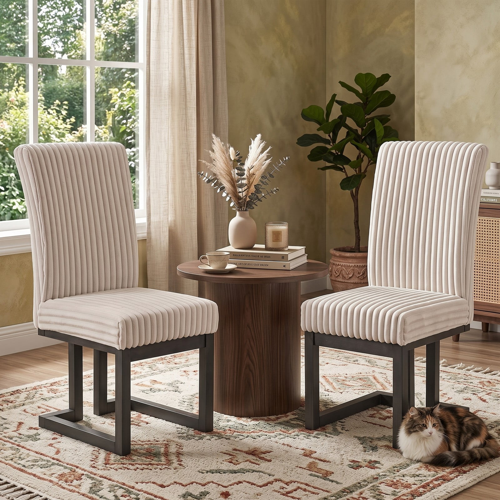 Furnibear Upholstered Dining Chairs Set of 2, Fabric Accent Kitchen Side Chairs with Solid Rubber Wood Legs, Padded Cushion Seat & Channel Tufted, Living Room - Beige