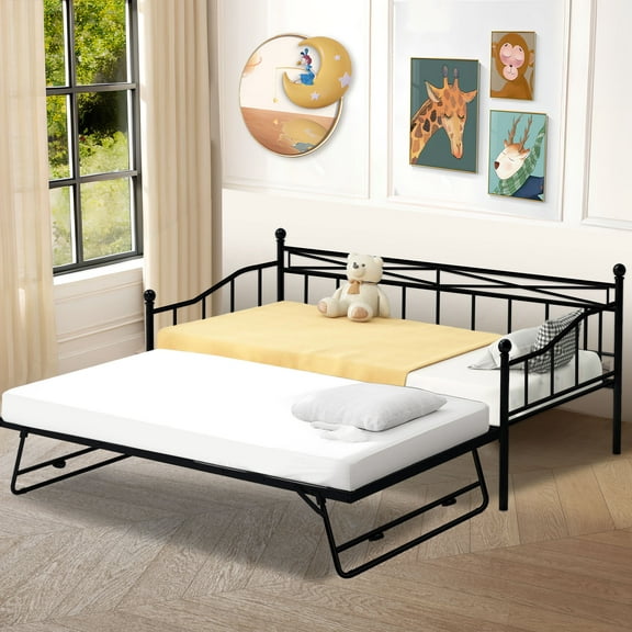 PAPROOS Metal Daybed with Adjustable Trundle, Twin Size Daybed with Twin Size Pop Up Trundle Bed, Heavy-Duty Sofa with Portable Folding Trundle Bed for Bedroom L, Black