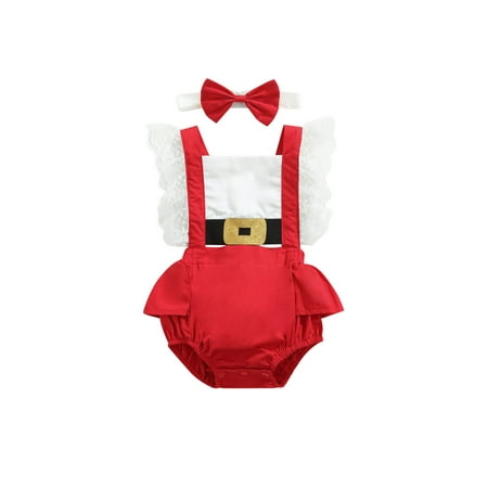 

Binpure Baby Girls Variegated Color Romper with Bow Knot Headdress Red Lace Hem Backless Overalls