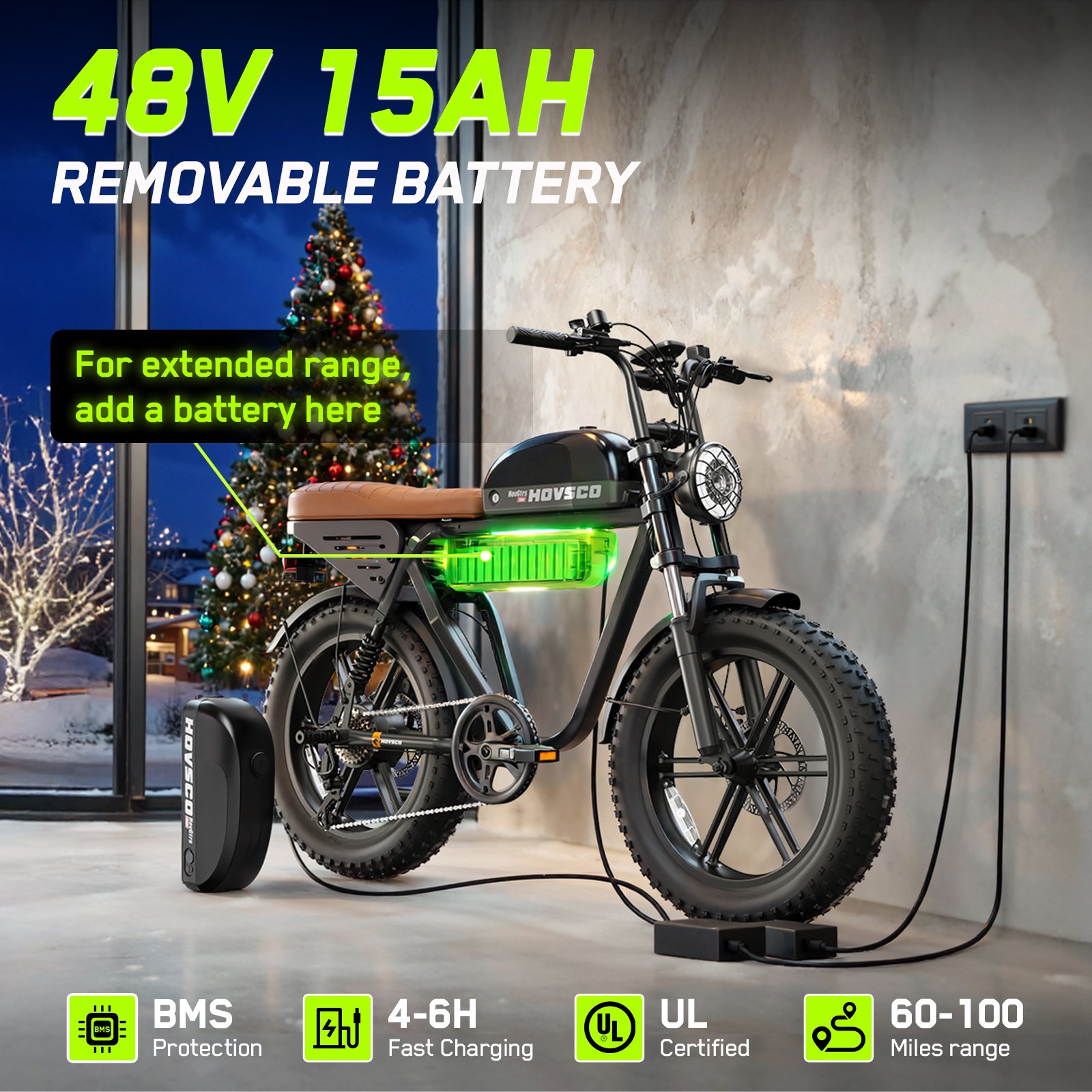 HOVSCO HovGtrs Peak 1500W Electric Bike, Moped-style Electric Bicycle for Adults, 20"x4" Fat Tire Motorcycle, E Mountain Bike, 48V/15AH UL2849