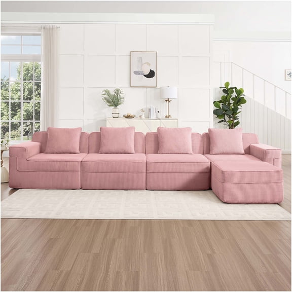 JERFIT 4-Seat L-Shaped Corduroy Sectional Sofa with Ottoman, Pink Cloud Couch, Deep Seating Modular Sofa for Living Room, No Assembly Required