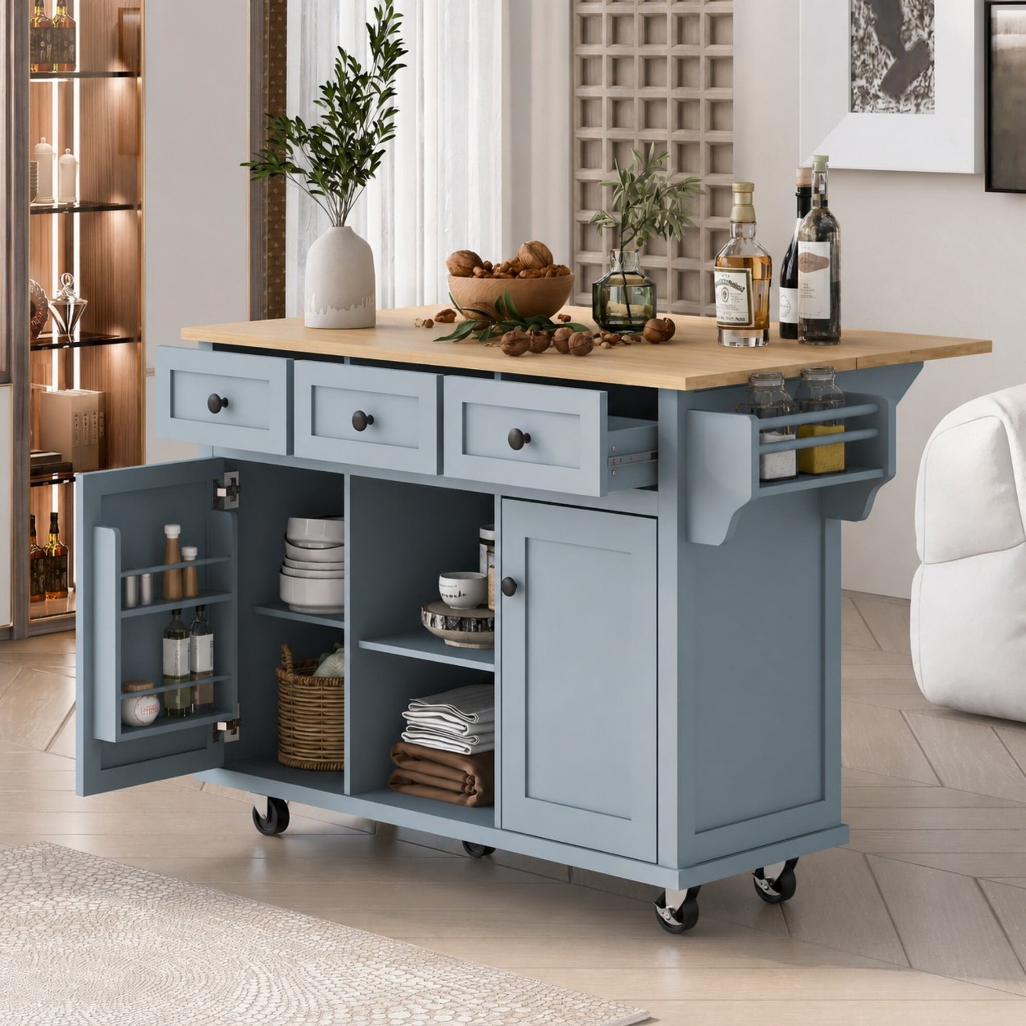 DEALTOPS 53" Kitchen Island Cart on Wheels with Drop Leaf, Storage Cabinet and 3 Drawers, Blue Gray