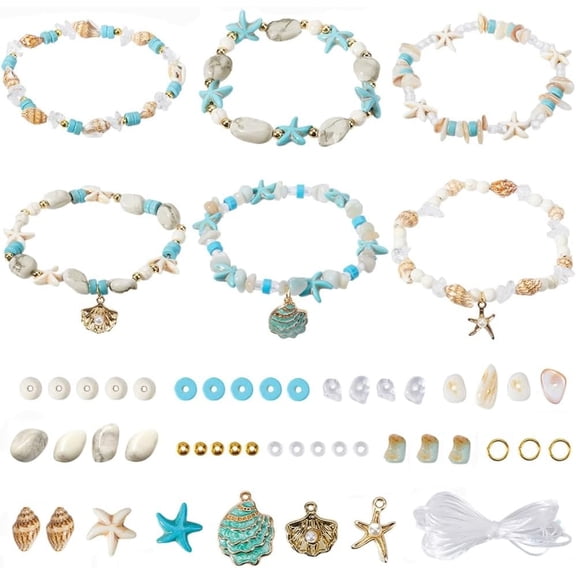1 Box 280Pcs DIY 6 Sets Ocean Bracelet Making Kit Starfish Turtle Bead Shell Beads Summur Hawaii Sea Animal Beads Lucky Gemstone Beads for DIY Jewelry Making Kits Adults Women Craft Supplies