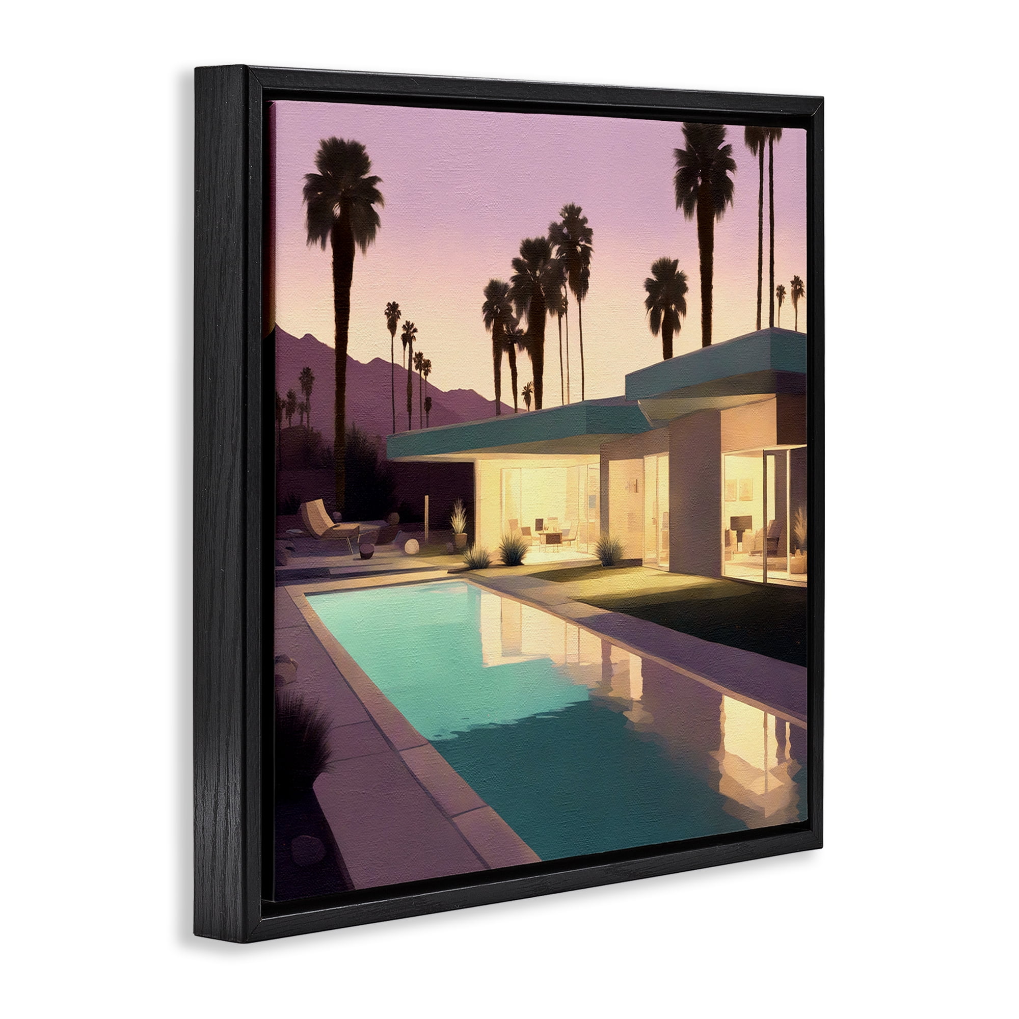 Stupell Industries Palm Trees & Pool Villa Landscape & Nature Painting Black Floater Framed Canvas Art Print Wall Art, 25 x 25