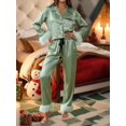 thumbnail image 4 of Womens Green Satin Stripe Pajama Set Long Sleeve Lapel Top Pants With Fur, 4 of 10