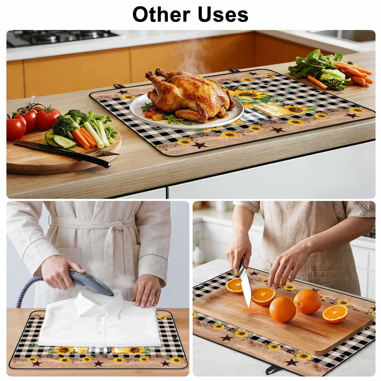 Sunflower Stove Top Cover for Electric Stove, Heat-proof & Non Slip Glass Top Stove Cover Protector, Black White Plaid Farmhouse Stars Kitchen Flat Cooktop Rubber Mat 24x21 Inches