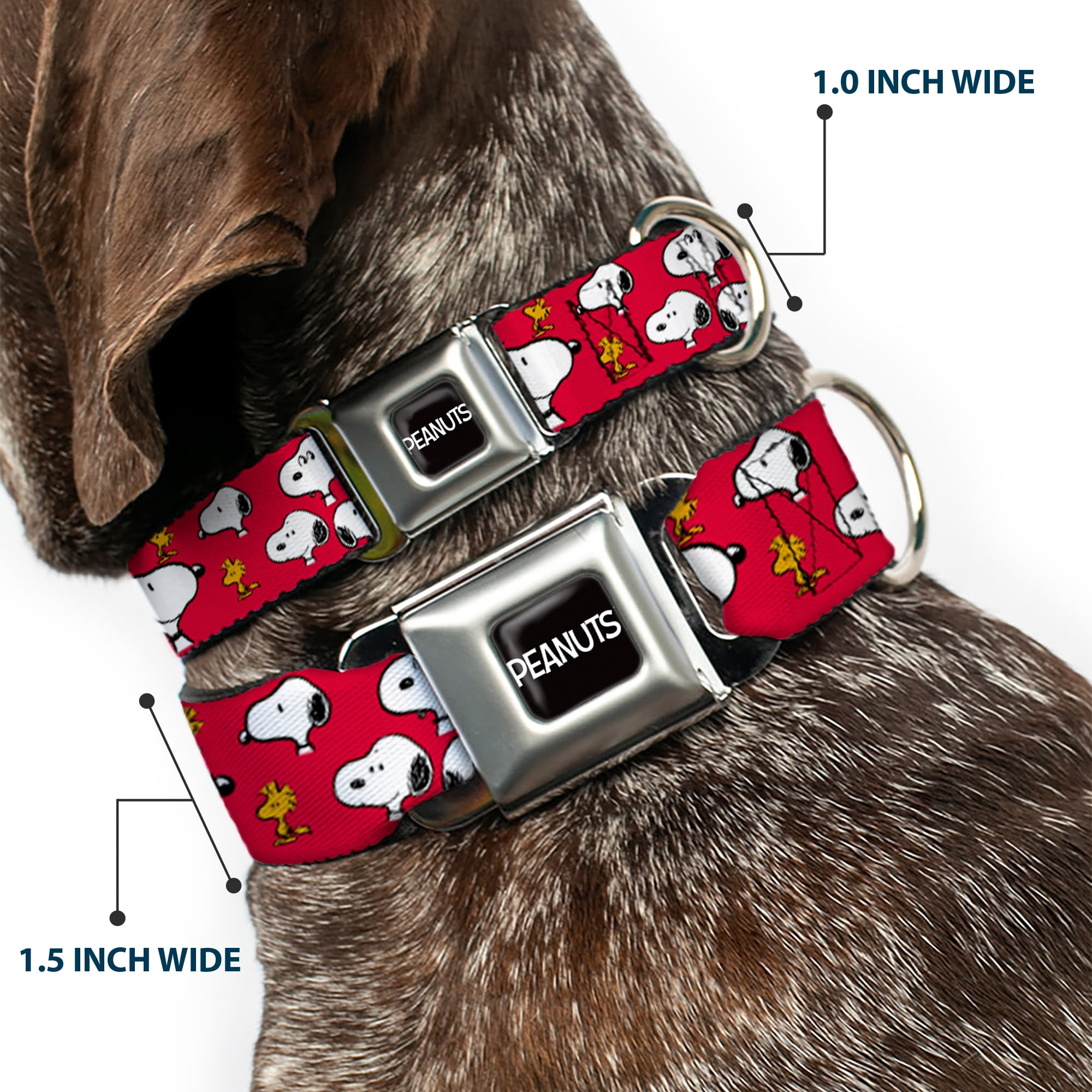 Peanuts Worldwide LLC Pet Collar, Dog Collar Metal Seatbelt Buckle, Peanuts Snoopy and Woodstock Poses Scattered Red, 9.5 to 13 Inches 1.0 Inch Wide
