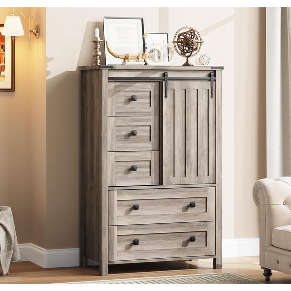 Farmhouse 5 Drawer Dresser for Bedroom, 48 in Tall Wood Dresser Chest of Drawer with Sliding Barn Door, Adjustable Shelf, Storage Organizer for Bedroom, Hallway, Living Room, Kitchen, Grey