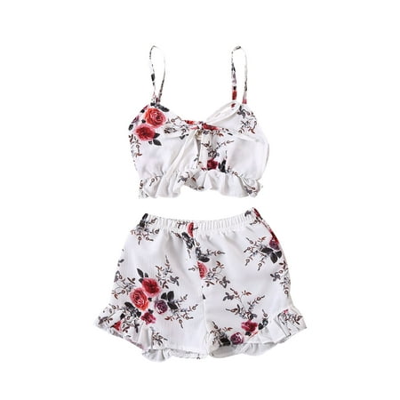 

Canrulo Toddler Baby Girls Summer Clothes Floral Strap Crop Top + Shorts Pants 2pcs Outfits White 1-2 Years