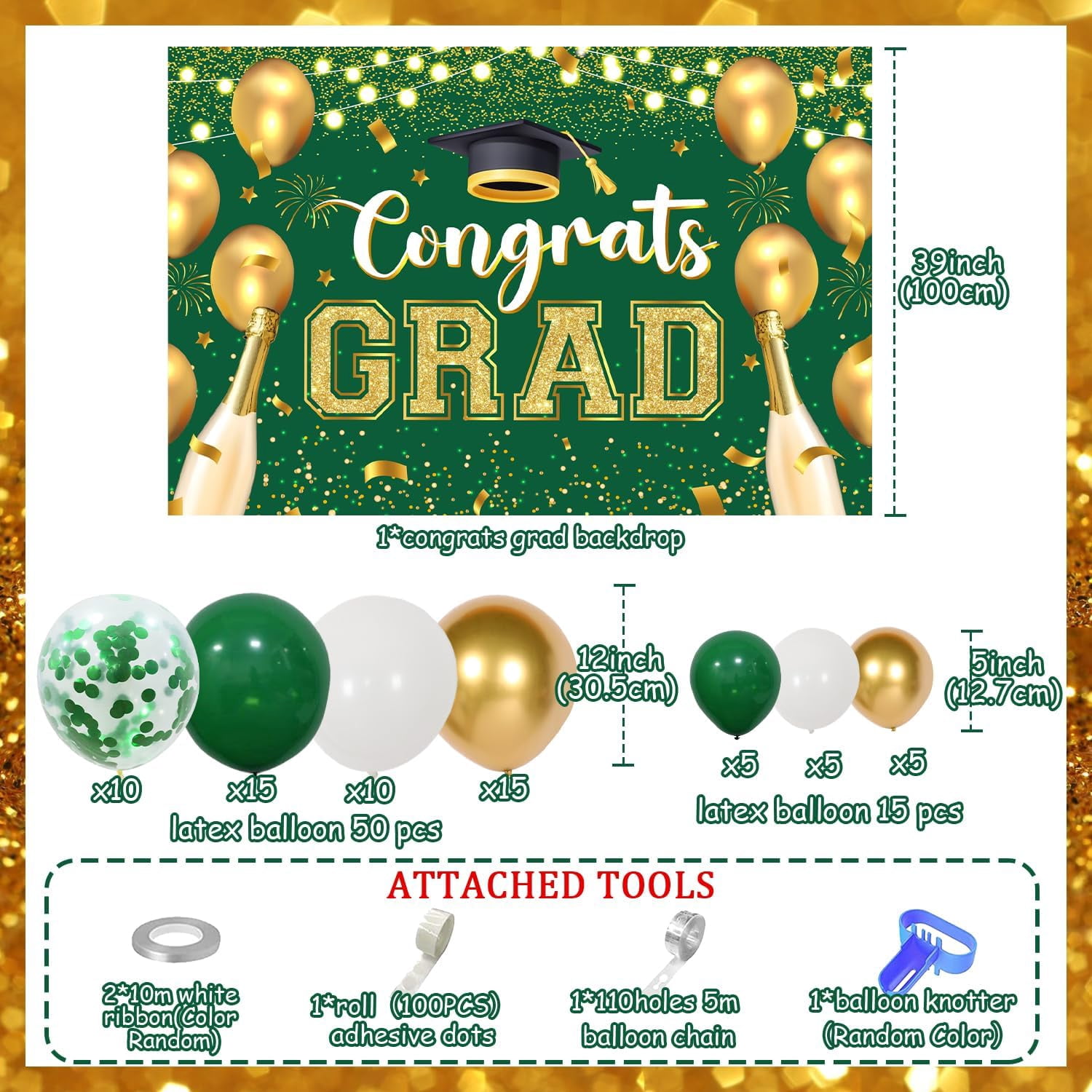 66Pcs Congrats Grad Decorations 2024, Green Gold Graduation Decor with Congrats Grad Backdrop Green Gold Silver Balloon Garland Arch Kit for Class of 2024 Grad Prom Graduation Supplies