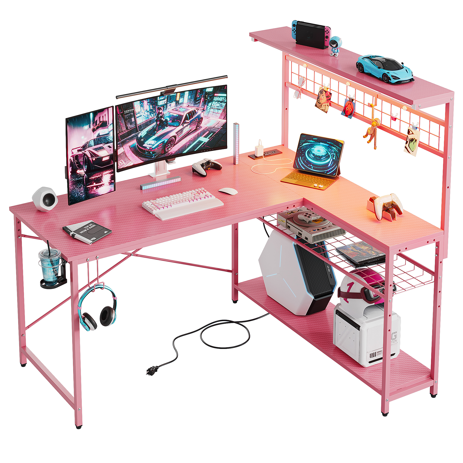 Bestier 51 L Shaped Gaming Desk with Power Outlets, LED Workstation with 4 Tiers Shelves for Home Office, Gamer Reversible Table with Hooks and Cup Holder,Carbon Fiber Pink