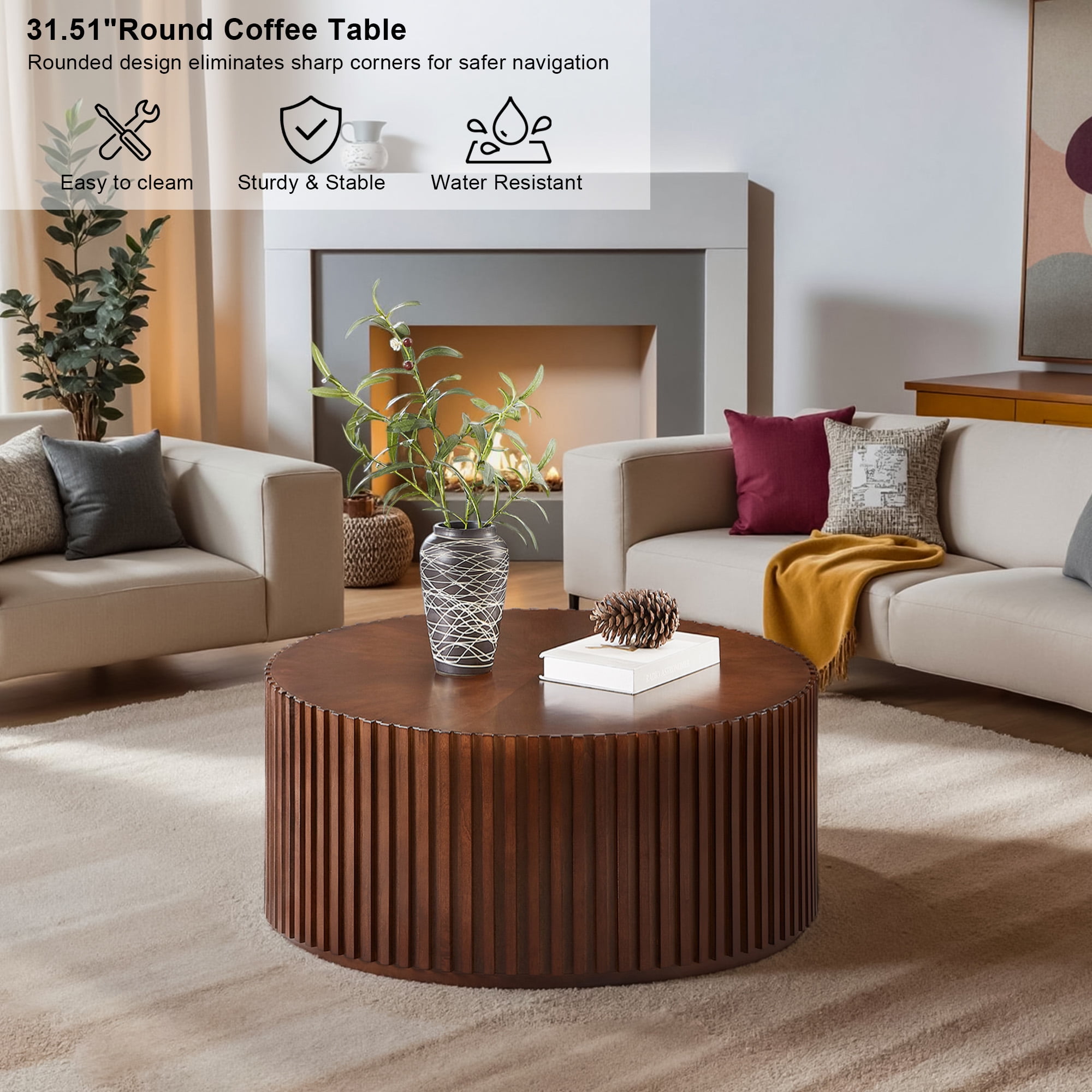 Gexpusm Round Coffee Table, Solid Wood Center Table for Living Room, Circle Drum Coffee Table with Handcrafted Relief, Walnut