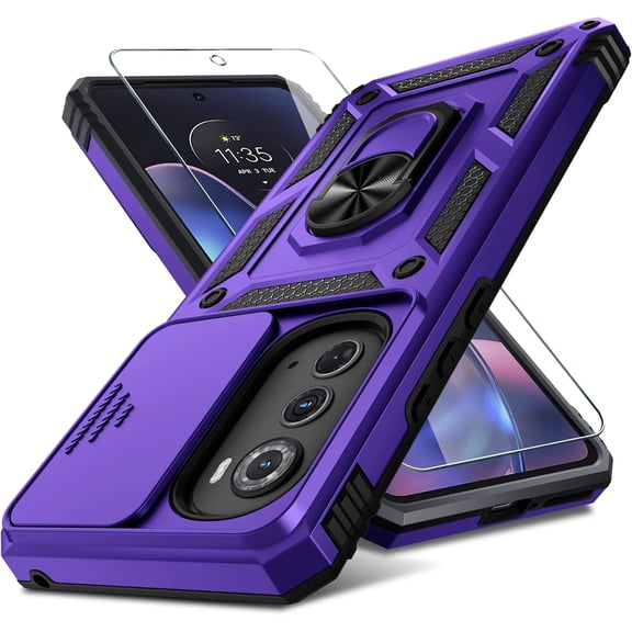 Compatible with Moto Edge 2022 Case Built in Slide Camera Lens Cover Screen Protector Metal Kickstand,Heavy Duty Shockproof Full Body Cover,Purple