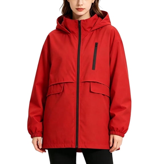 Aezemi Women Long Sleeve Rain Jacket Hooded Zip up Tunic Windbreaker Waterproof Fashion Outdoor Hiking Raincoats Full Zip Casual Trendy Workout Winter Fall Outerwear 3XL