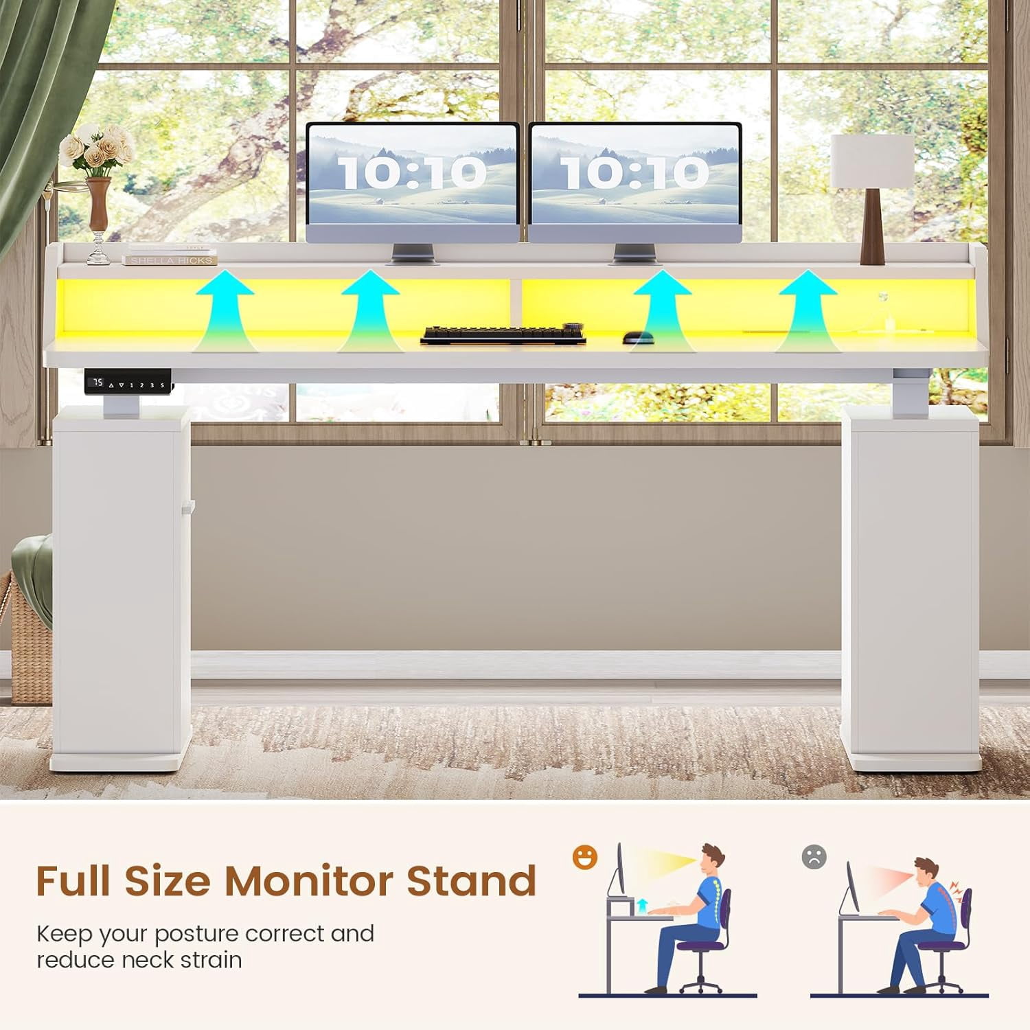 SEDETA Fluted Standing Desk with Storage, 55" Electric Stand Up Home Office Desk with Power Outlets & LED Lights，Farmhouse Computer Desk, Height Adjustable Table with Monitor Stand, White