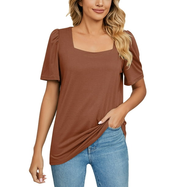Gibobby Playera de Verano para Mujer Tops de color sólido para mujer, camisetas casuales de manga corta con cuello cuadrado, blusas holgadas, Tops(Marrón,XL)