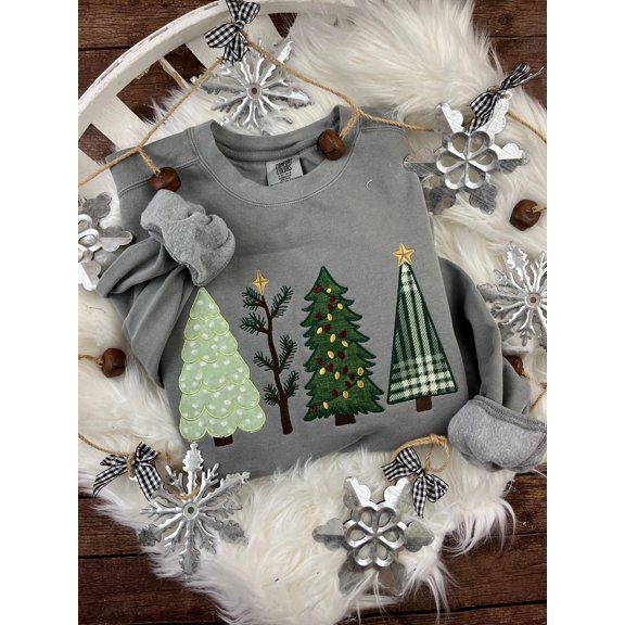 Christmas Tree Applique Cozy Sweatshirt or T-Shirt | 4 Festive Embroidered Tree Designs | Holiday Shirt | Comfort Colors Tee -Gift Idea