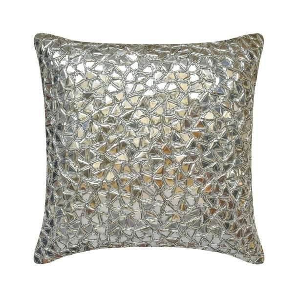 The HomeCentric Decorative Silver Pack of 2 24 x24 60x60 cm Pillow Covers Silk Mosiac Beaded Textured Sequins Bling Designer Throw Pillows