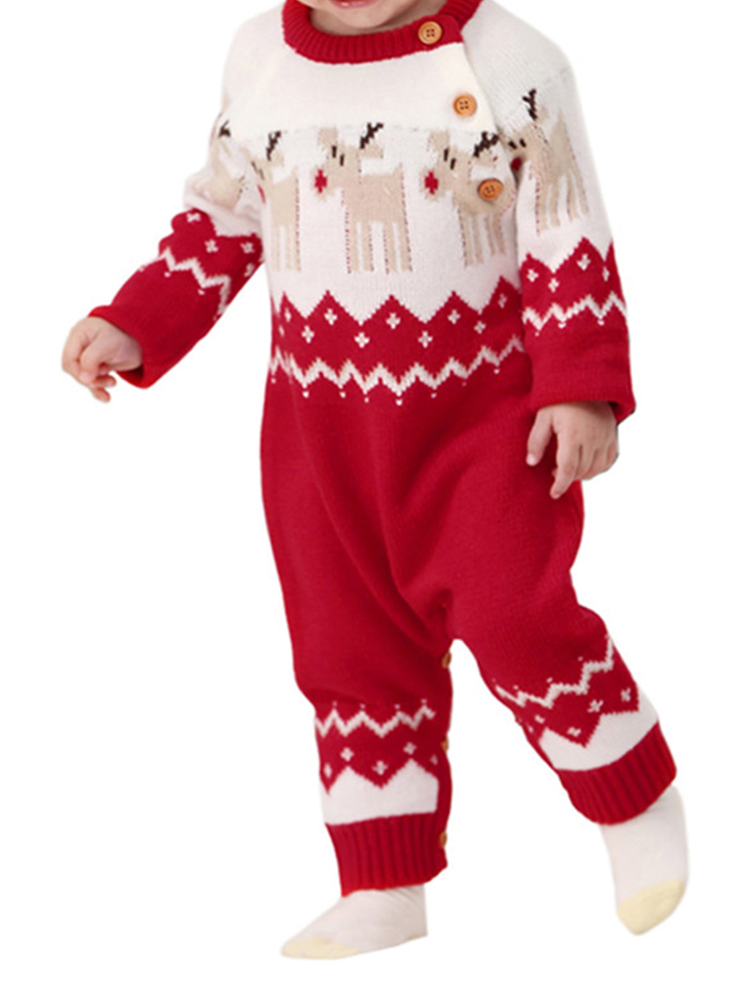 Frobukio Baby Christmas Sweater Jumpsuit Toddler Reindeer Outfit Unisex Infant Long Sleeve Reindeer Knit Romper Xmas Red Clothes 