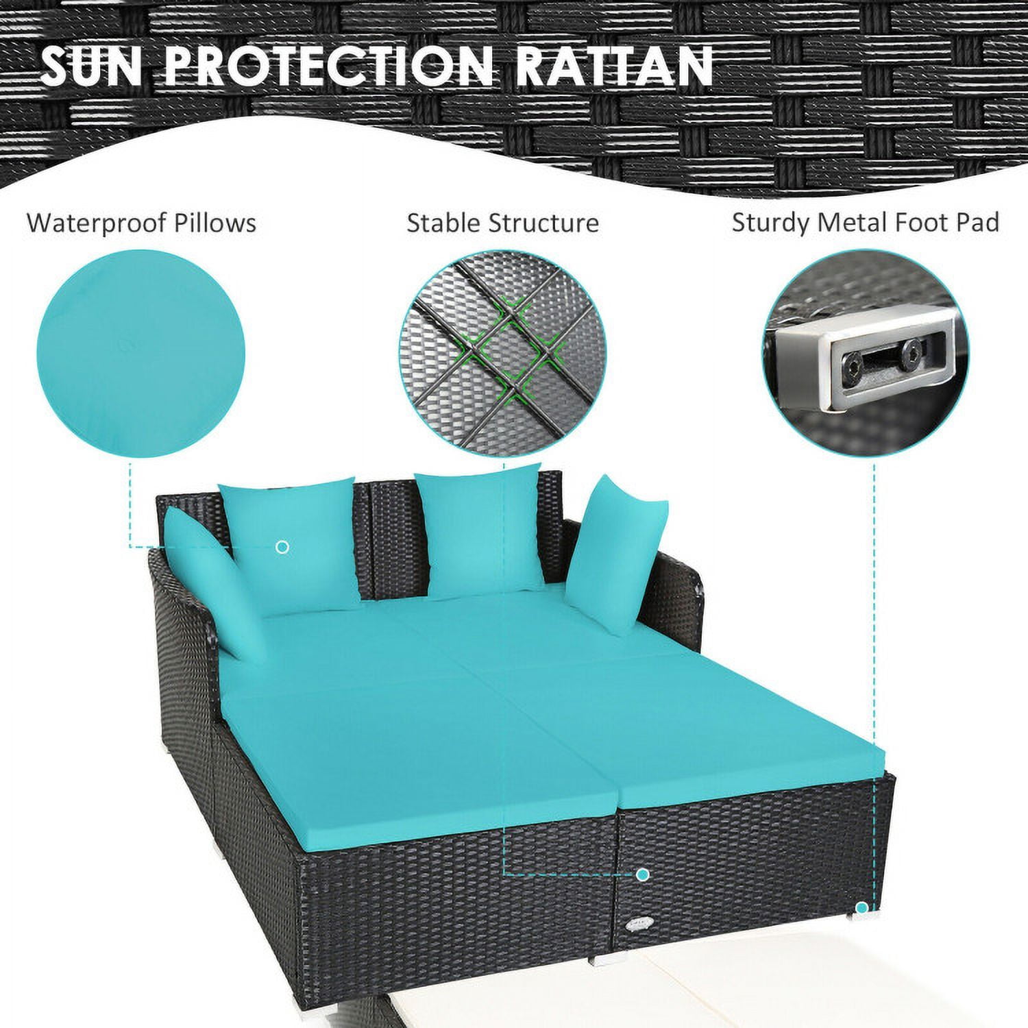 Aimee Lii Spacious Outdoor Rattan Daybed with Upholstered Cushions and Pillows, Outdoor Deck Furniture, Turquoise Aimee Lii Spacious Outdoor Rattan Daybed with Upholstered Cushions and Pillows, Outdoor Deck Furniture, Turquoise