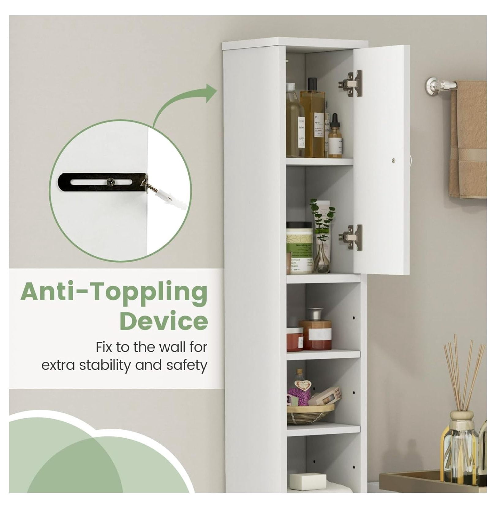 WDZS Tall Slim Bathroom Storage Cabinet, 71" Freestanding Bathroom Cabinet w/ 2 Doors, 1 Drawer & 5 Adjustable Shelves, Floor Narrow Tower Cabinet for Small Spaces, 8" x 8" x 71" (White)