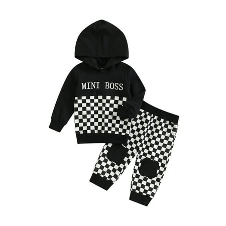 

Amuver Infant Baby Boys Sportswear Outfit Letter Print Long Sleeve Plaid Hooded Sweatshirts and Casual Pants Set