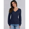 thumbnail image 6 of Women Long Sleeve Cable Knit Sweater Fall Fashion V Neck Fitted Pullover Business Casual Fall Outfits Navy Blue L, 6 of 9
