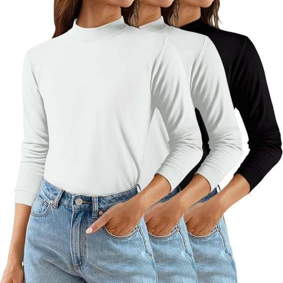 Women's Solid Color Mock Neck Thermal Sweater, 3-Pack Soft Base Layer Tops, Mid Neck Pullover for Women, Warm Fleece Lined Knit Shirts, Value Set of Comfortable Everyday Wear Mid Neck Sweaters Black