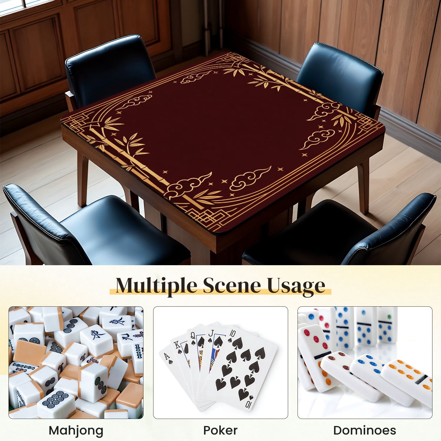 Mahjong Mat 31.5" x 31.5" Elegant Gold Bamboo Cloud Geometric Dark Red Non-Slip Noise Reduction Mahjong Tiles Table Cover for Dominoes Poker Card Board and Tile Games