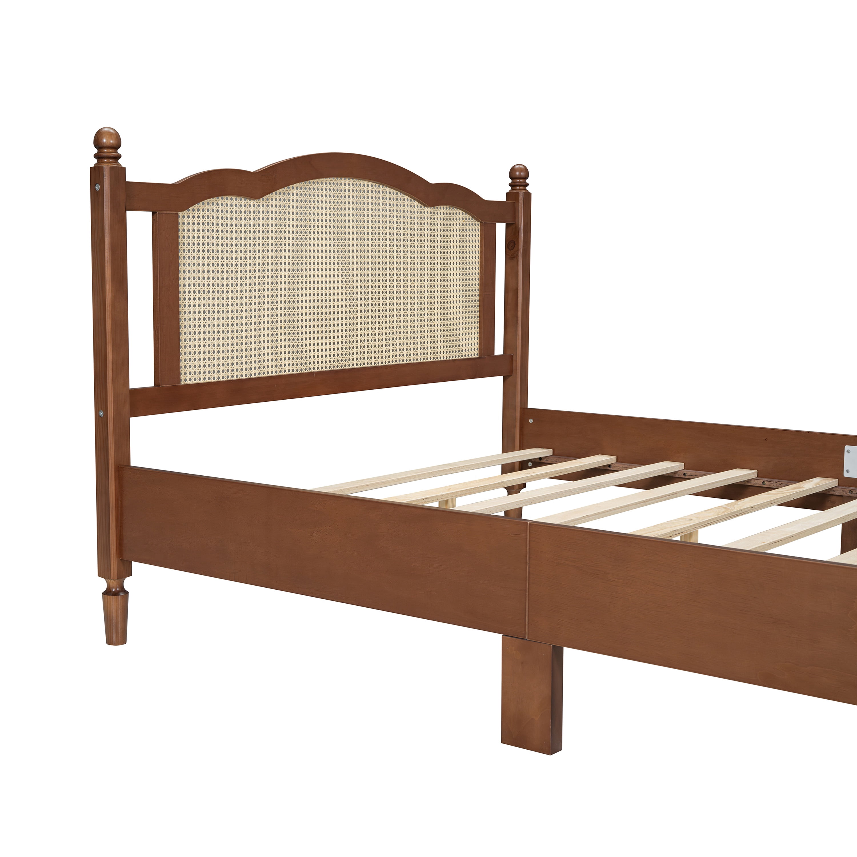SESSLIFE Platform Bed Frame, Wood Modern Queen Size Bed with Natural Rattan Headboard, Vintage Queen Bed Frame with Slat Support, No Box Spring Needed, Walnut