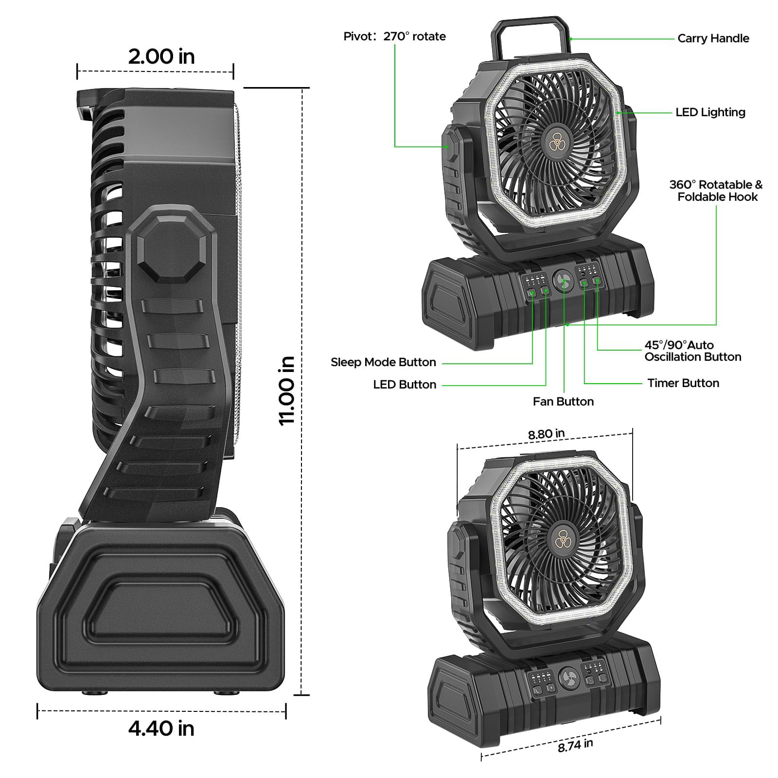 Camping Fan,20000mAh Rechargeable Battery Operated Outdoor Tent Fan with LED Light & Foldable Hook, 4 Speeds with 270° Rotate Pivot for Camping, Barbecue, kitchen, Fishing Construction Sites