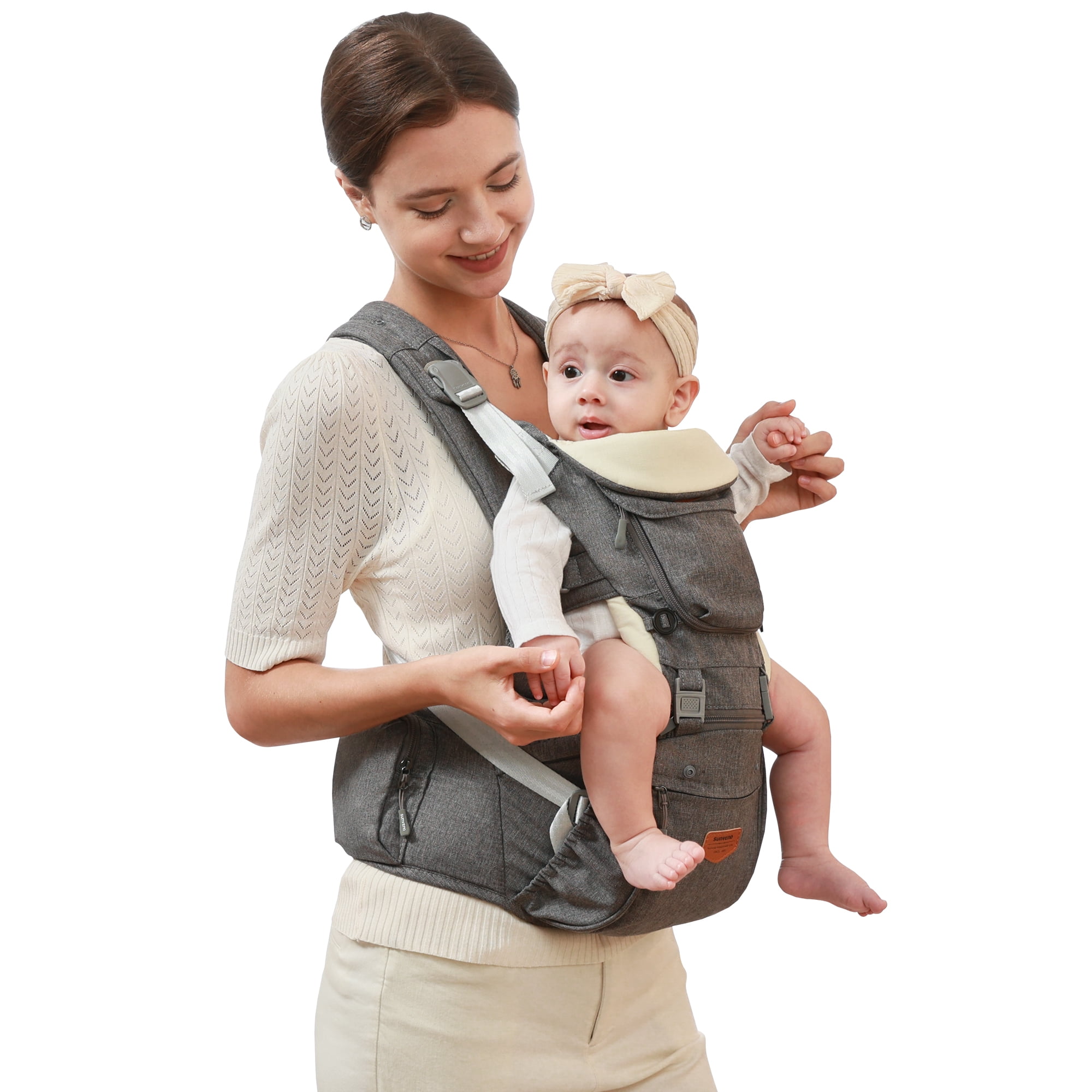 Sunveno 6-in-1 Ergonomic Baby Carrier with Hip Seat for Newborn and Toddlers, Gray, One Size