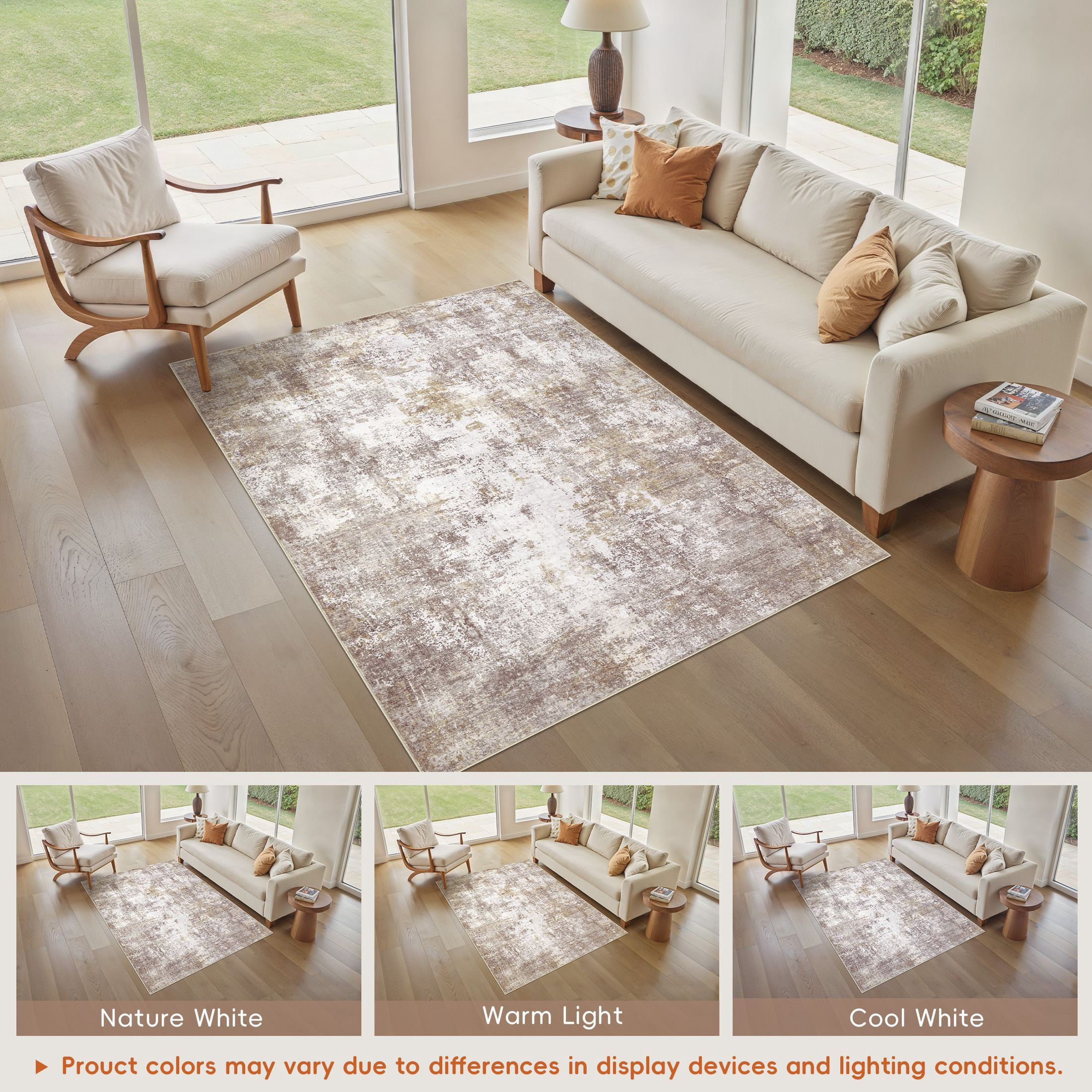 Uermei 9x12 Washable Area Rug: Modern Abstract Soft Non-Slip Indoor Large Rugs - Low Pile Stain Resistant Foldable Carpet for Living Room Bedroom Dining Room Office Home Decor - Golden Brown