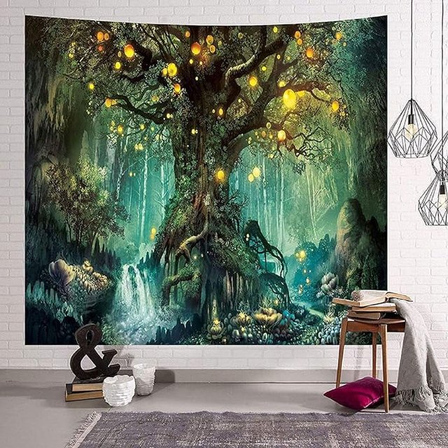 Tapiz de pared del árbol de la vida (150 * 130 cm), tapiz de cascada psicodélico debajo del tapiz de un árbol antiguo, tapiz de pared decorativo de hadas adecuado para dormitorio y sala de estar