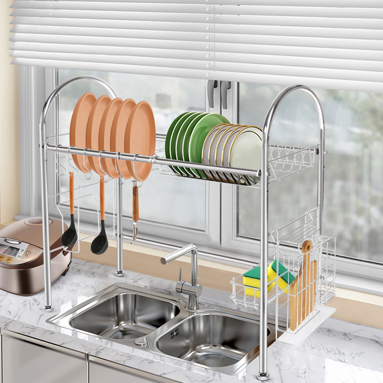 Details about   2 Tier Stainless Steel Dish Drying Rack Over Sink Kitchen Cutlery Drainer Holder 