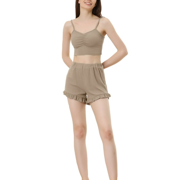 Conjunto de pijama para mujeres INSPIRE CHIC para el Día de la Madre, tirantes de espagueti, camiseta ajustada con pantalones cortos, 2 piezas, ropa de casa, S, marrón claro
