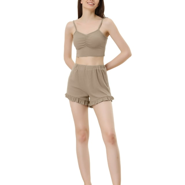 INSPIRE CHIC Women's Pajama Set Stretchy Knit Spaghetti Strap Runch Cami with Shorts 2 Pcs Loungewear XS Light Brown