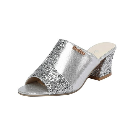 

kakina CMSX Sandals for Women Women s Sandals Sequins Thick Heel Open Toe Casual Shoes Daily Lace Summer Women s Shoes Silver 7.5
