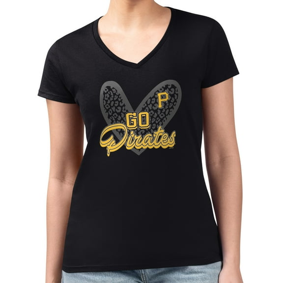 Women's G-III 4Her by Carl Banks Black Pittsburgh Pirates Super-Slim Fit Lightweight Leopard Heart V-Neck T-Shirt