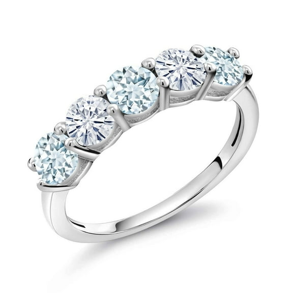 Gem Stone King 925 Sterling Silver Sky Blue Aquamarine and White Moissanite Wedding Band Ring for Women (0.83 Cttw, Round 3.5MM, Gemstone March Birthstone, Size 8)