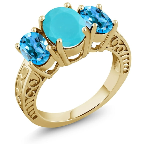 Gem Stone King 3.50 Ct Oval Green Turquoise Swiss Blue Topaz 18K Yellow Gold Plated Silver Ring (Size 8)