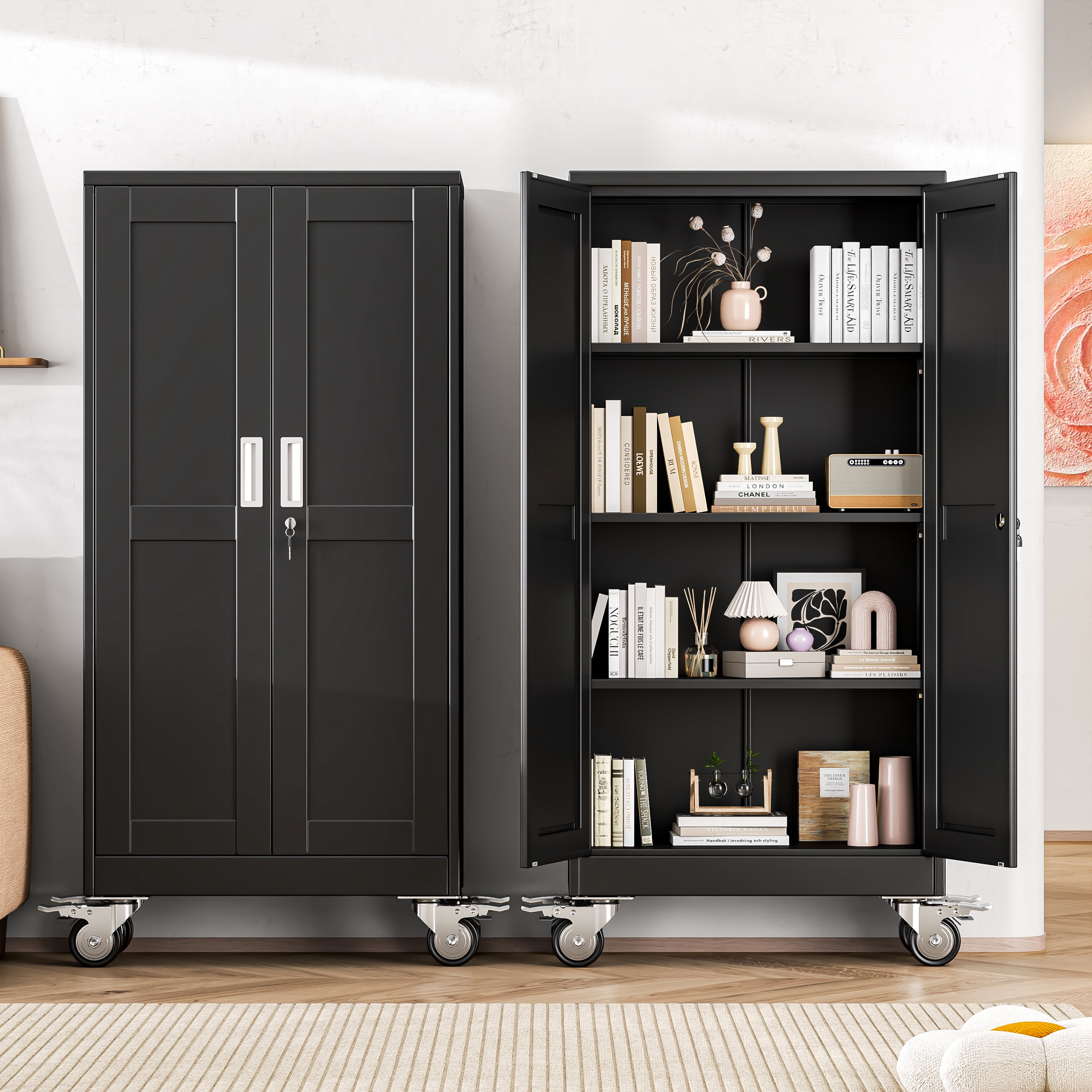 Erosoei 61"H Metal Garage Storage Cabinet with Wheels, Tool Storage Cabinet with 3 Adjustable Shelves