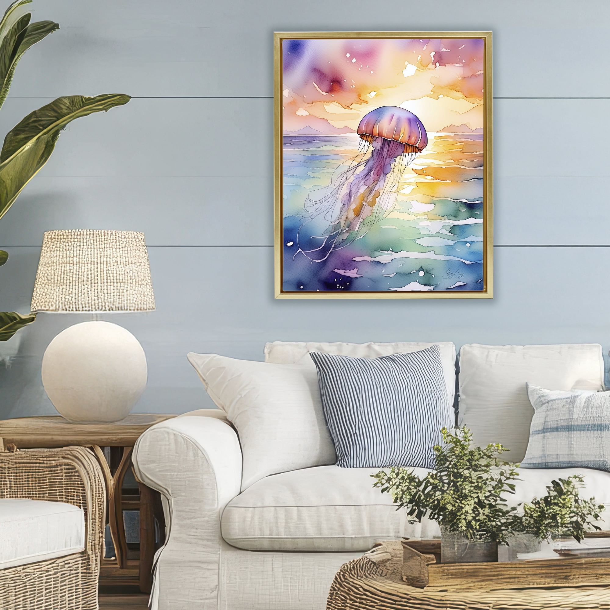 Stupell Industries Celestial Drift Jellyfish Gold Framed Floater Canvas Wall Art, design by Shelly Craig
