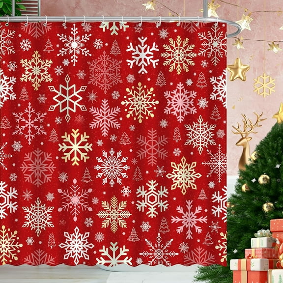 Christmas Snowflake Shower Curtain, 66x72in Winter Merry Christmas Snow Xmas Tree Shower Curtains, Polyester Cloth Fabric Bath Curtain with 12 Hooks for Home Holiday Bathroom Decor