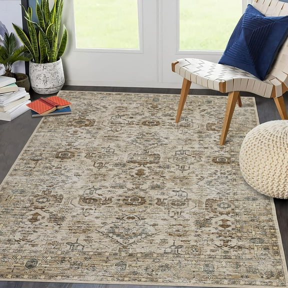 EcoSummer Area Rug 5x7 Washable Area Rug Ultra-Thin Low Pile Vintage Floor Carpet Oriental Distressed Foldable Mat Non-Slip Indoor Retro Print Throw Rugs for Bedroom Living Room Home Office Beige