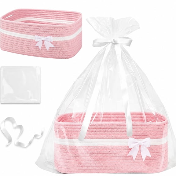 Cotton Rope Storage Basket with Bow and Handles Decorative Gift Bin 13.5×6×10 Inch
