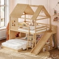 thumbnail image 3 of House Bunk Bed Full over Full with Storage Shelves and Wardrobe, Wood Floor Bunk Bed Frame with Ladders and Slides for Boys Girls, Natural, 3 of 13