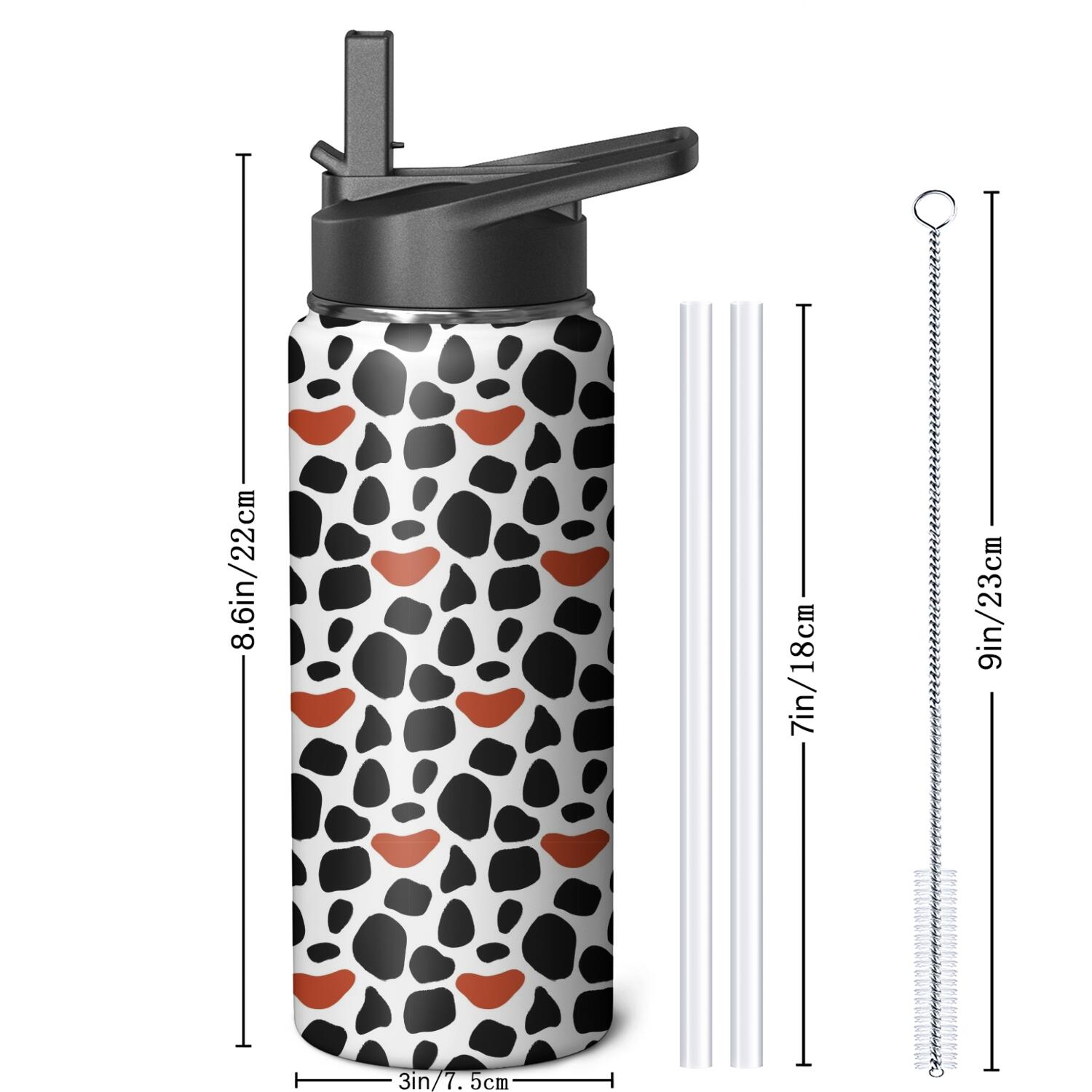 Leopard Print Insulated Stainless Steel Water Bottle with Straw & Cleaning Brush – 18 Oz | Leakproof, BPA-Free, 304 Stainless Steel, Wide Mouth, Travel Mug for Car, Gym, Office